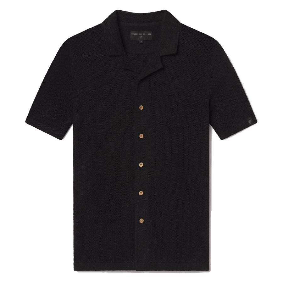 Mykonos Linen Blend Pointelle Knit Button Up in Black / M