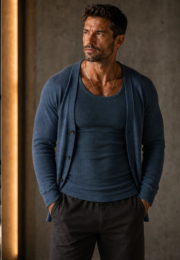 Generated styling illustration of the same man wearing a navy fitted tank under a blue lightweight cardigan similar to the Weston Jon Boucher Hemingway cardigan.