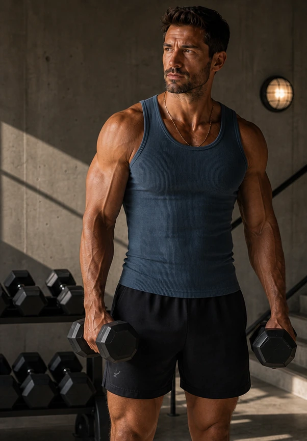 Generated styling illustration of a muscular man wearing a navy fitted Haus-style tank with black gym shorts and dumbbells.