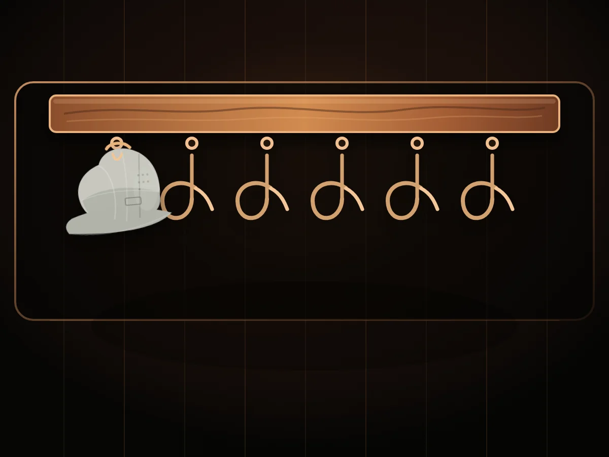Melin review progress rack with one hat hanging from a wall mounted rack