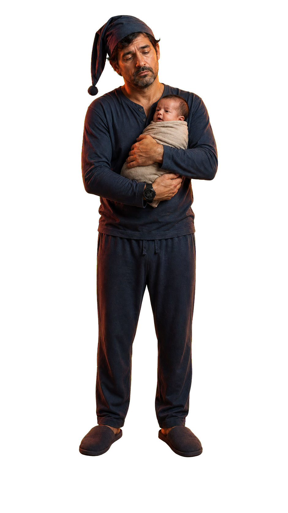 Groggy father holding a baby while wearing a Garmin watch