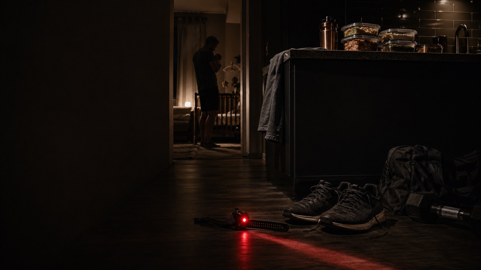 Nighttime fatherhood system scene with recovery and training tension