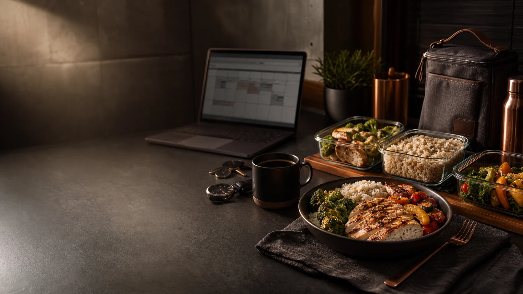 Prepared lunch decision scene with practical meal prep containers