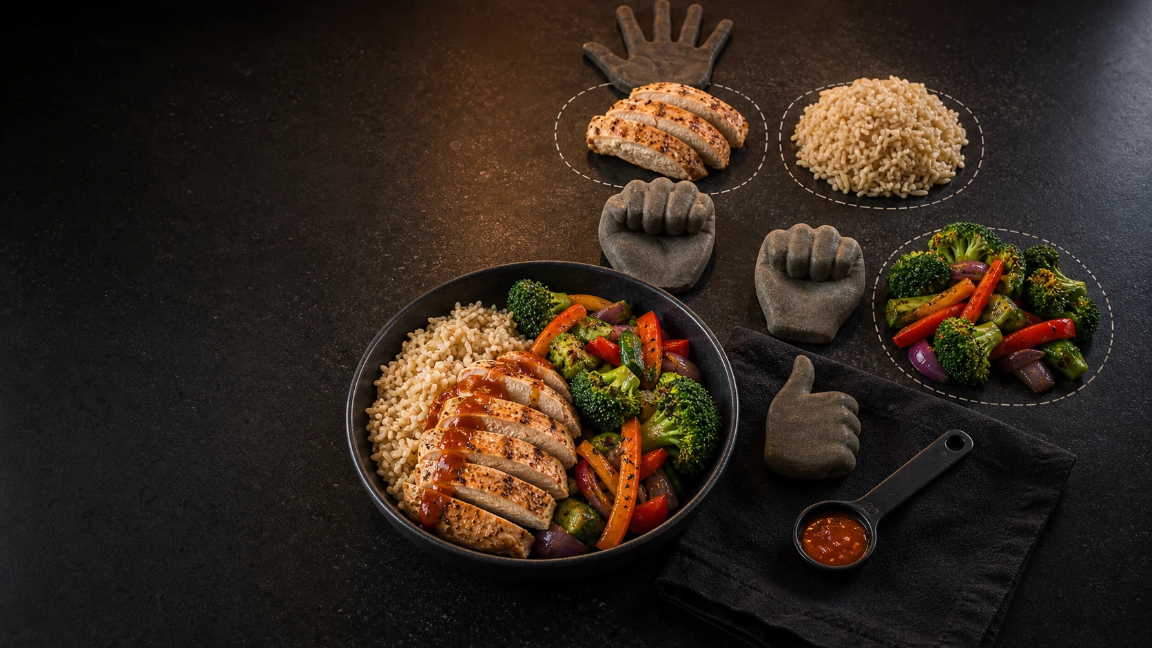 Portion method plate with hand-size meal portions