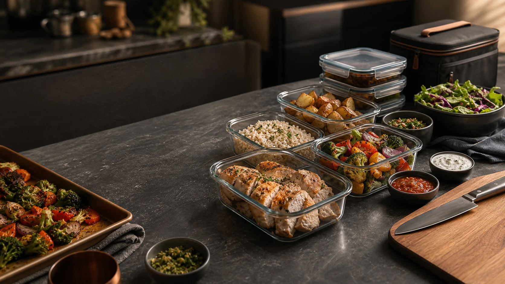 Sunday meal prep workbench with cooked proteins, sauces, and containers