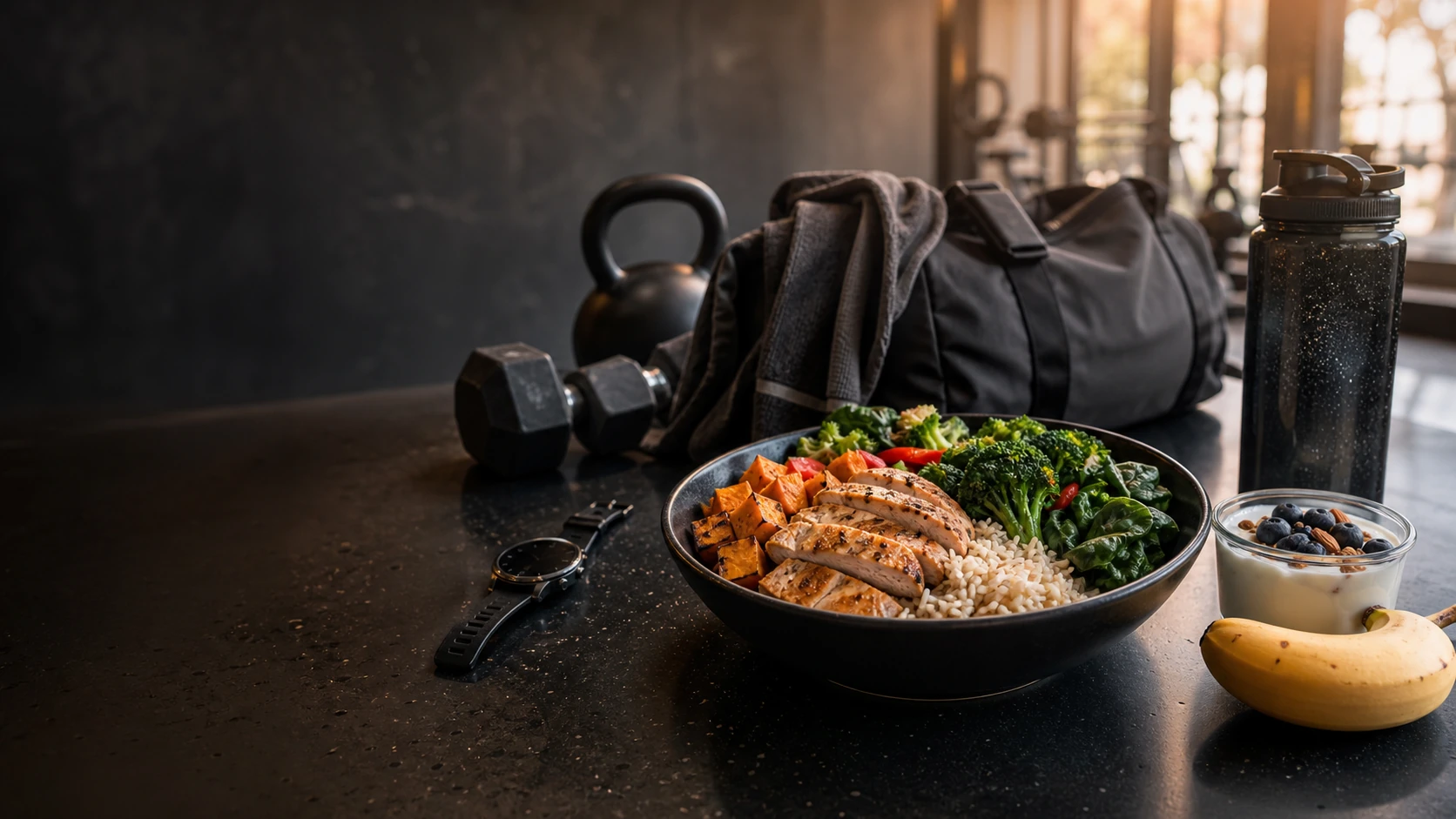 Training day lunch with gym bag and prepared meal