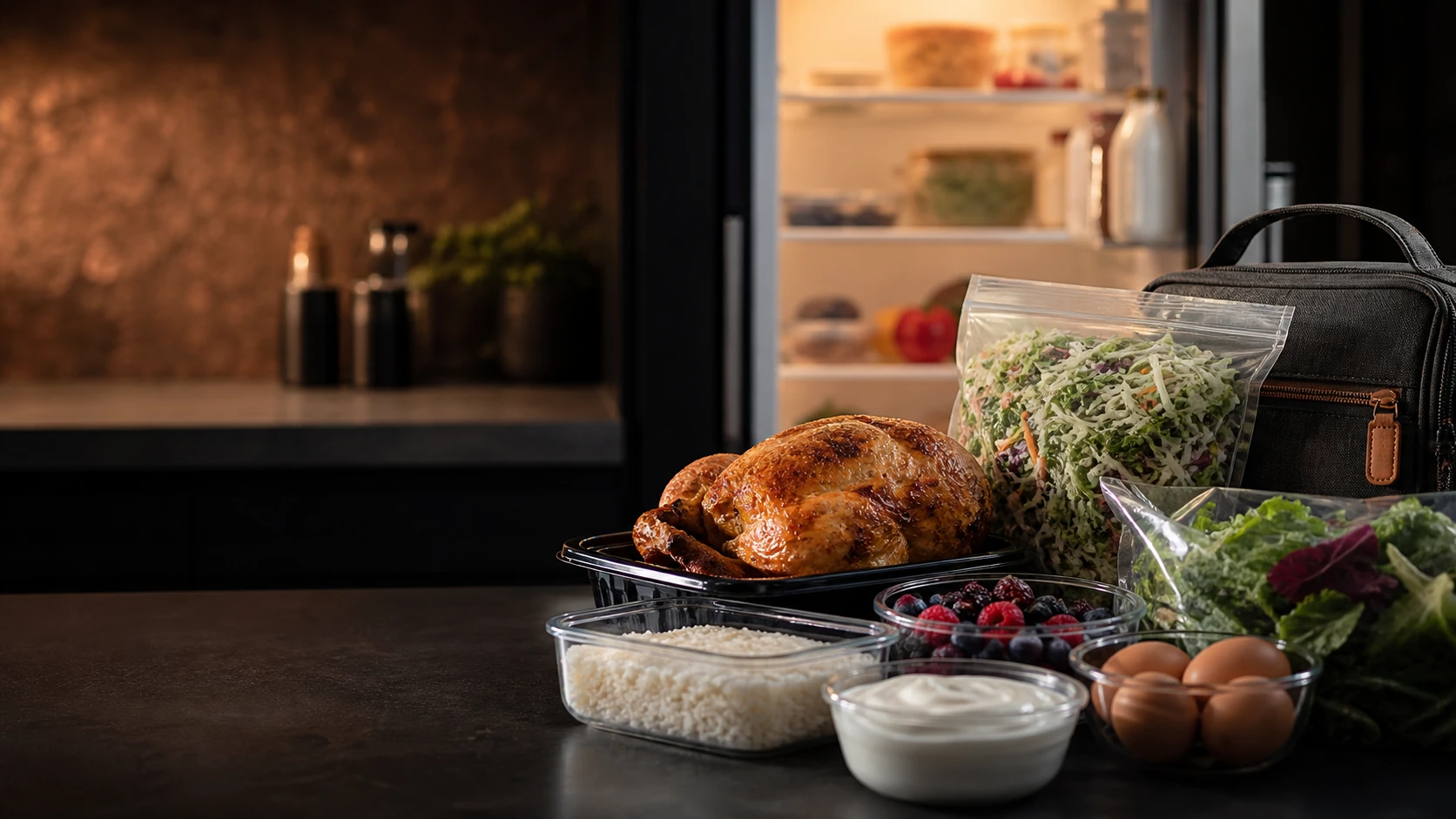 Wednesday grocery reset with rotisserie chicken, rice, salad, and prepared bowl