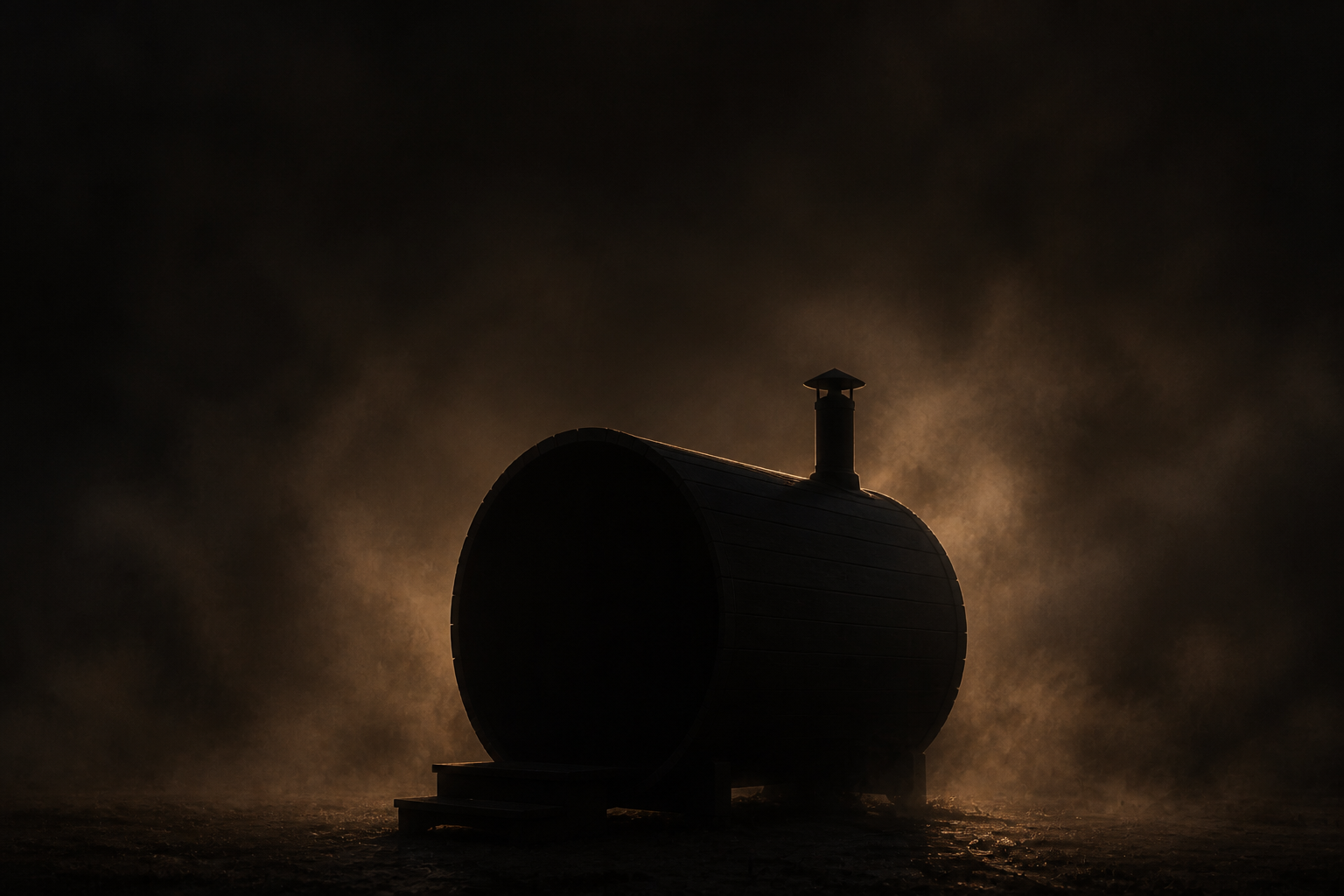 Barrel sauna transition scene representing product fit, placement, and repeatable use