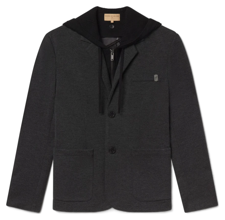 Dark Smoke Atticus blazer, showing its lapels, metal buttons and ribbed removable hood layer